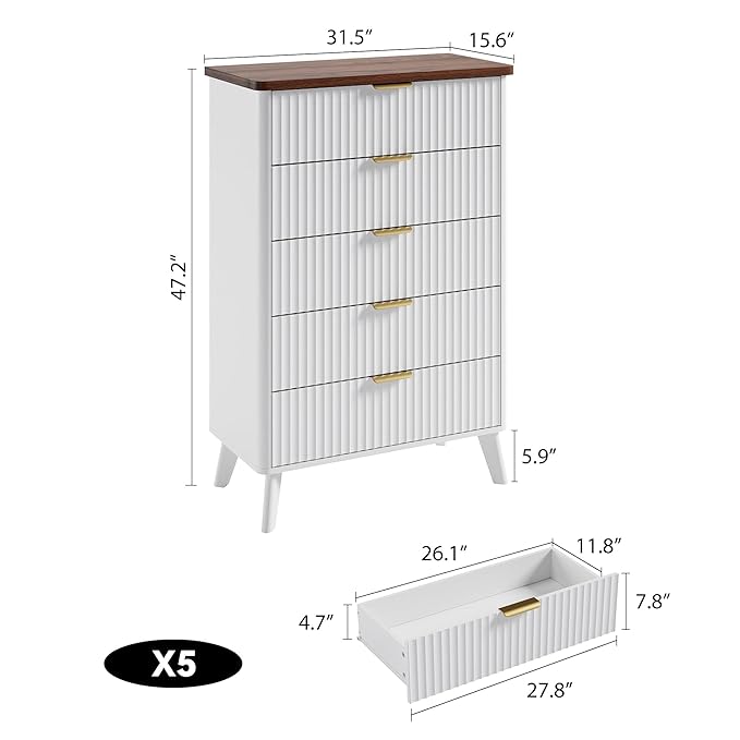 Garvee 5 Drawers Dresser for Bedroom, 47.2" Tall Dressers with Curved Profile Design, Fluted Wood Drawers with Gold Handle, Modern Chest of Dressers with Thickened Design for Living Room, White