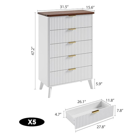 Garvee 5 Drawers Dresser for Bedroom, 47.2" Tall Dressers with Curved Profile Design, Fluted Wood Drawers with Gold Handle, Modern Chest of Dressers with Thickened Design for Living Room, White