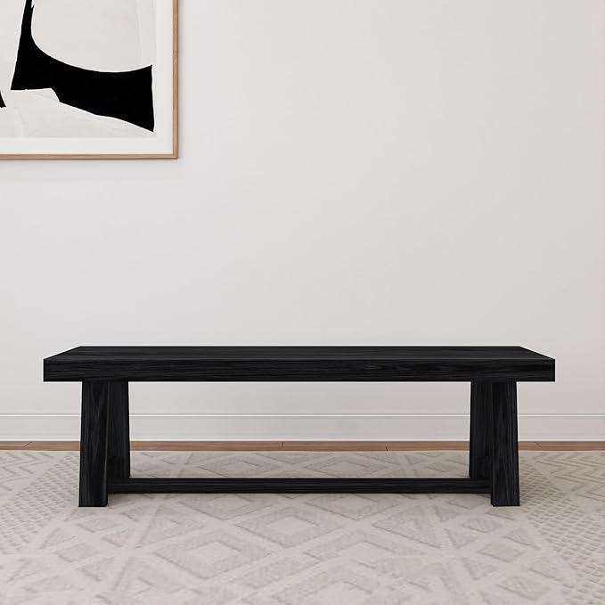 Plank+Beam 72" Farmhouse Dining Table and 60" Farmhouse Dining Bench, Solid Wood, Black Wirebrush Finish, Seats 6, Easy Assembly