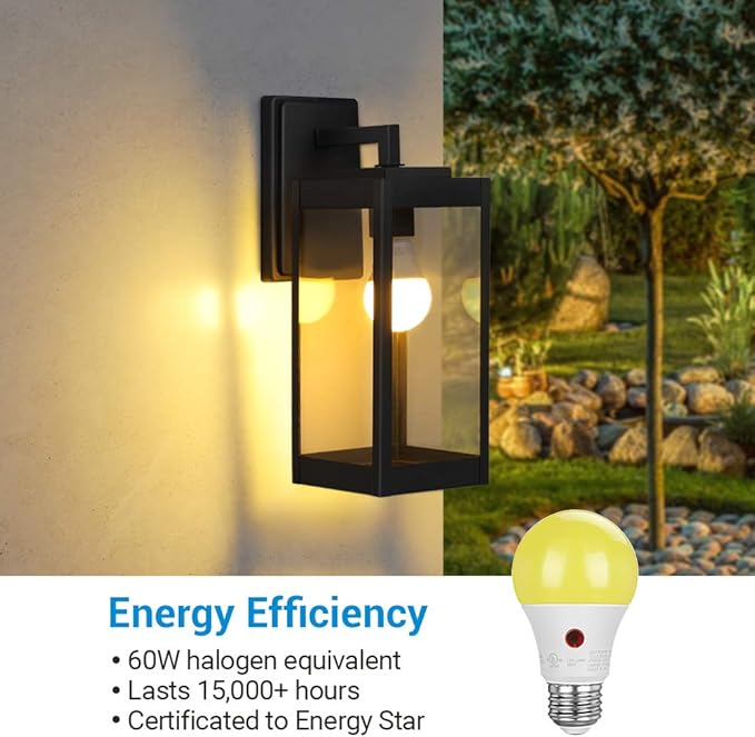 DEWENWILS A19 Dusk to Dawn LED Outdoor Light Bulb, Yellow Bug Light Bulbs for Outside, 2000K Amber Glow, 9W Equivalent 60W, E26 Base, LED Amber Light Bulbs for Porch, Patio, Backyard, 4 Pack UL Listed