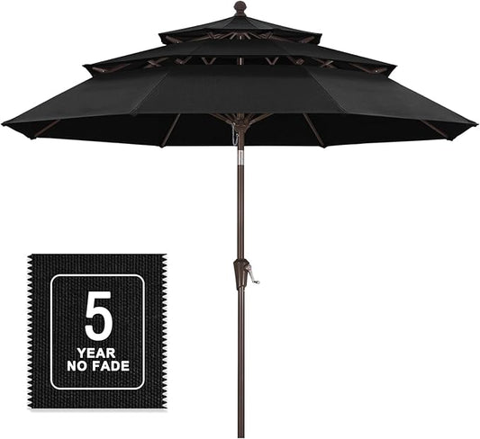 MASTERCANOPY 9ft 3-Tier Olefin Patio Umbrella with Tilt Crank, 5-Year-Non-Fading Canopy & 8 Fiberglass Ribs for Deck, Patio, and Garden, Black