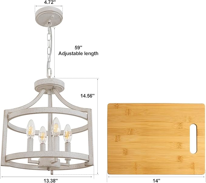 4-Light Farmhouse Chandelier, Distressed Hanging Pendant Lighting, Convertible Semi Flush Mount Ceiling Light Fixture Vintage White Metal Chandeliers for Dining Room Kitchen Foyer Entryway