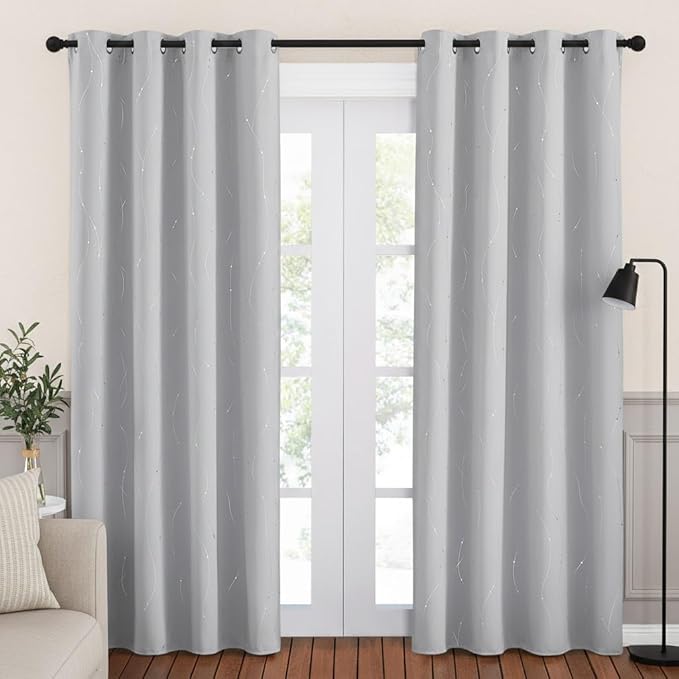NICETOWN Blackout Curtains Panels for Bedroom - Microfiber Noise Reducing Thermal Insulated Wave Line with Dots Foil Print Design Blackout Curtains (2 Panels, 52 x 84 Inch, Silver Gray)