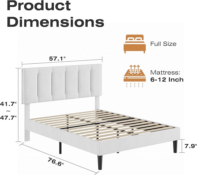 VECELO Full Bed Frame with Upholstered Headboard, Heavy-Duty Platform Bedframe with Strong Wooden Slats Support, No Boxing Spring Needed, Pure White