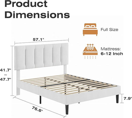 VECELO Full Bed Frame with Upholstered Headboard, Heavy-Duty Platform Bedframe with Strong Wooden Slats Support, No Boxing Spring Needed, Pure White