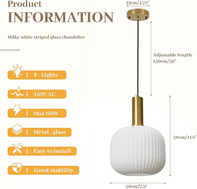 Milk Glass Pendant Light, Mid Century Modern Pendant Lighting with Striped Glass Globe, White and Gold Pendant Ceiling Light Fixture for Kitchen Island Dining Room Bedroom Hallway