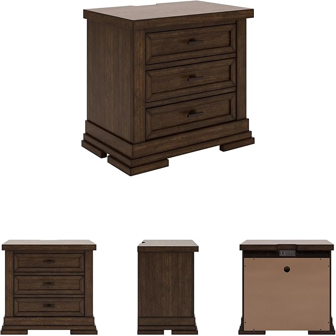 Signature Design by Ashley Taffenbrook Farmhouse 3-Drawer Nightstand with Felt-Lined Top Drawer, Power Supply and USB Ports, 28.5" W x 18.25" D x 26.5" H, Dark Brown