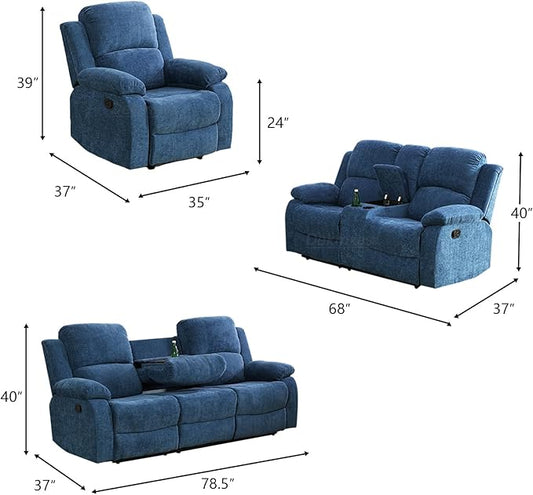 Microfiber Fabric Recliner Loveseat Couch Manual Reclining Couch Living Room Furniture 2 Seater Reclining Sofa with Cup Holders & Middle Storage Console for Home/Office/Rv Car (Blue, Loveseat)
