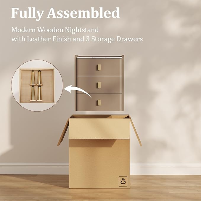 AQIMUELE Narrow Nightstand with Drawers, Narrow Side Table Leather, Small Bedside Tables for Bedroom. (Beige)