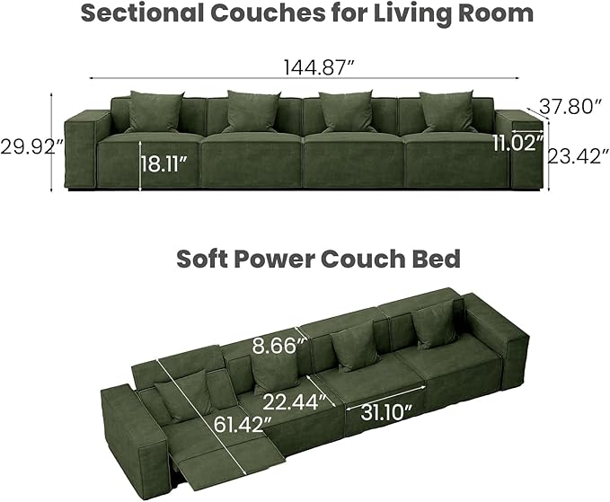 145.28'' Power Sofa, Modern Recliner Couch for Living Room, Green Sectional Sofa with Performance Fabric, Modular Couch Design, Free Combination for Home