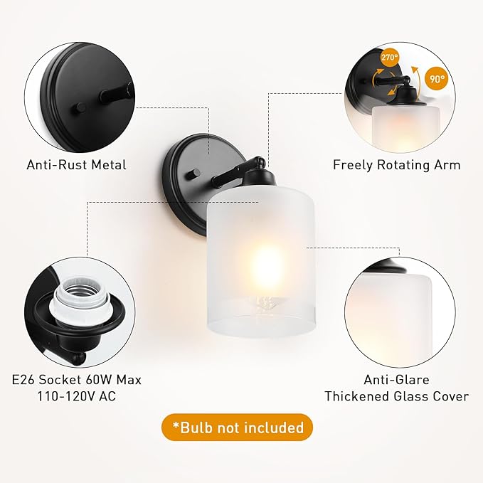 Wall Sconces Set of Two, Rotatable Bathroom Sconces with Thickened Frosted Glass Shades, Modern Vanity Light Wall Mount Lighting Lanterns for Bedroom Living Room Hallway Mirror(Black,E26 Base)