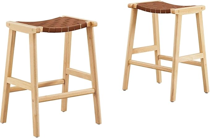 Modway Saoirse Faux Leather Wood Counter Stool - Set of 2 in Natural Brown