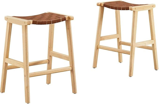 Modway Saoirse Faux Leather Wood Counter Stool - Set of 2 in Natural Brown