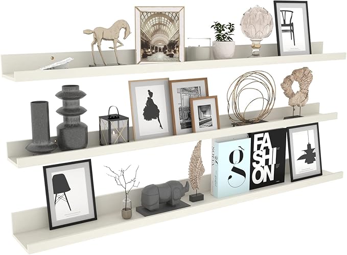 Calenzana 47 Inch Floating Shelves Wall Mounted Set of 3, Long Picture Ledge Shelf for Living Room Bathroom Bedroom Kitchen Office, Creamy White