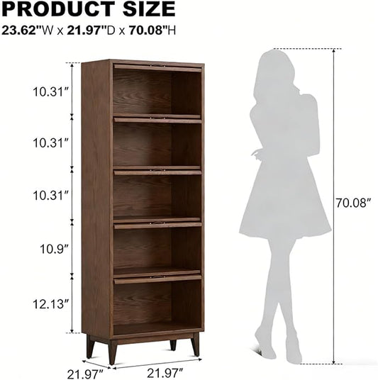 71'H *23.6W Solid Wood Bookcase,5 tir Tall Black Book case with Doors,Modern Bookshelf with Door for Kitchen,