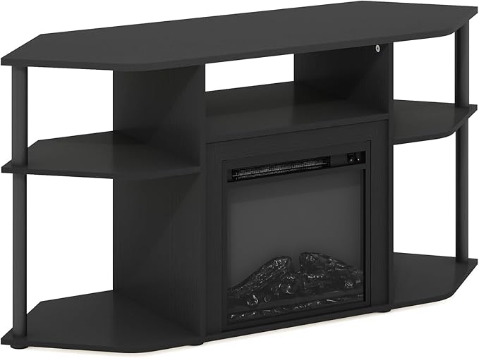 Furinno Jensen Fireplace TV Stand, Corner Entertainment Center, TV Console for TV up to 55 Inch with Fireplace, Plastic Poles and Open Storage, for Living Room, Bedroom, Americano