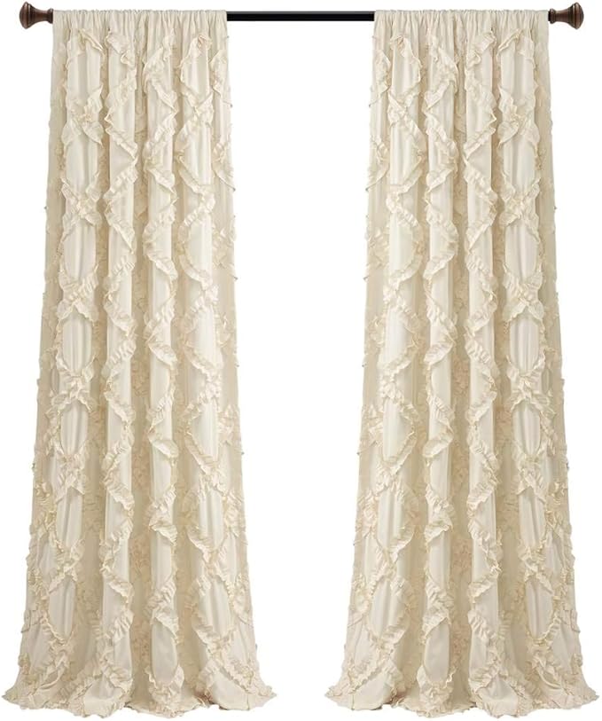 Lush Decor, Ivory Ruffle Diamond Curtains Textured Window Panel Set for Living, Dining Room, Bedroom (Pair), 95” x 54