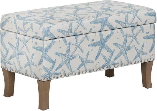 Linon Stephanie Cream and Light Blue Starfish Fully Upholstered Bench with Hidden Interior Storage