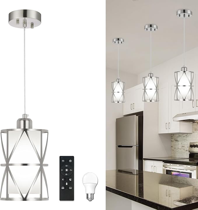Pendant Lights Kitchen Island with LED Bulb & Remote Control, Height Adjustable Cord Pendant Lights with Frosted Glass, Modern Island Lights for Kitchen, Hanging Lights for Dining Room