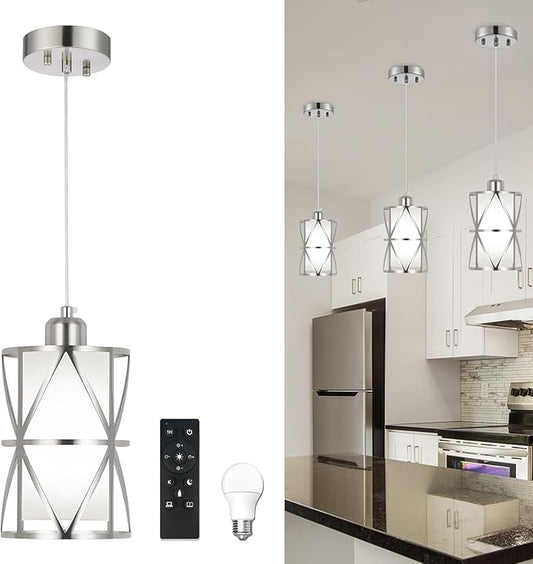 Pendant Lights Kitchen Island with LED Bulb & Remote Control, Height Adjustable Cord Pendant Lights with Frosted Glass, Modern Island Lights for Kitchen, Hanging Lights for Dining Room