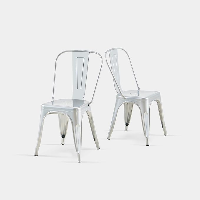 AC Pacific 18 Inch Seat Height Industrial Metal Dining Chairs, Stackable Kitchen or Bar Seat, Durable Modern Design, Versatile Accent Furniture, Set of 2, Silver