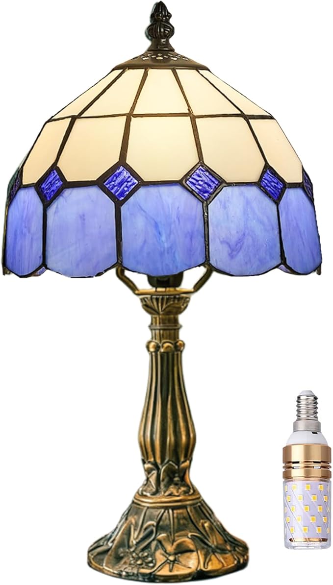Table Lamp Tiffany-Style 8 Inch Mediterranean Series Stained Glass Lampshades Small Bedside Lamp Reading Antique Desk Light Livingroom Bedroom Office Vintage Art De(Color:Blue)