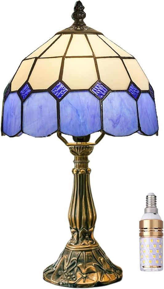 Table Lamp Tiffany-Style 8 Inch Mediterranean Series Stained Glass Lampshades Small Bedside Lamp Reading Antique Desk Light Livingroom Bedroom Office Vintage Art De(Color:Blue)