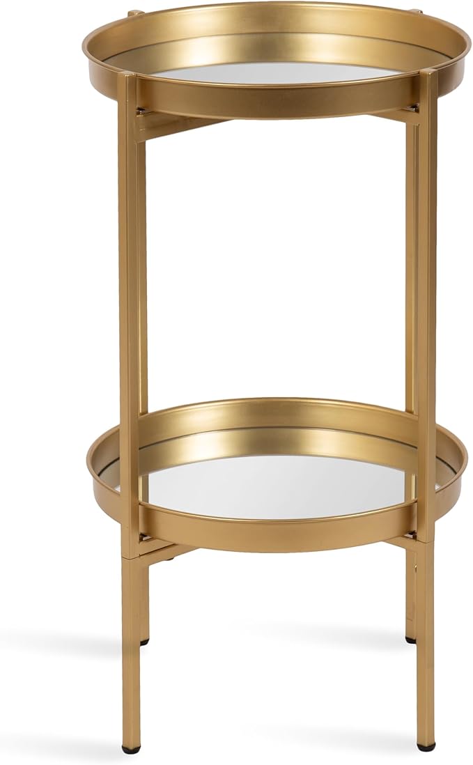 Kate and Laurel Celia Round Metal Foldable Tiered Side Table; 16 x 26; Gold; Modern Accent Table with Mirrored Magnetic Tray Tabletops and Space-Saving Folding Base