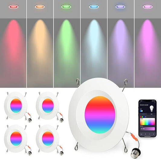 Wi-Fi & Retrofit Led Recessed Lighting 6 inch,Color Changing Recessed Lights,Led Can Light Multi Color with Junction Box,9W 750LM Smart Downlight,Work with Alexa/Google,IC Rated & ETL Certified,4 Pack