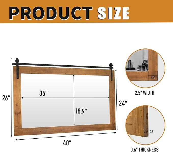 Farmhouse Bathroom Mirror, 40” x 26” Rustic Wood Framed Wall Mirrors, Barn Door Style, Large Rectangle Decorative Wall Mounted Mirror for Bathroom Living Room, Bedroom, Entryway, Brown