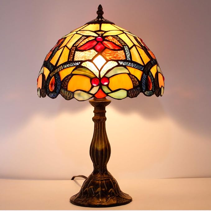 WERFACTORY Tiffany Table Lamp Orange Stained Glass Flower Liaison Style Reading Desk Bedside Light 12X12X18 Inches Decor Bedroom Living Room Home Office S617 Series