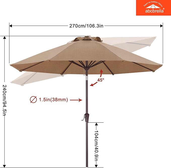 ABCCANOPY OLEFIN® 5-Year No Fading 9FT Patio Umbrella, Outdoor Table Umbrella with 8 Sturdy Ribs for Deck, Backyard, Yard (Crystal Blue)