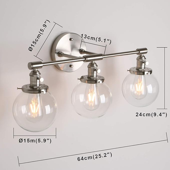 PERMO Vintage Industrial Antique Three-Light Wall Sconces with Mini 5.9" Round Clear Glass Globe Shade (Brushed)