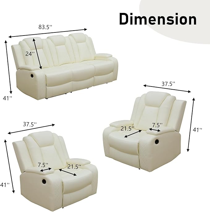 Power Recliner Sofa and 2 Chairs, Air Leather Reclining Set with LED/Cup Holders/Storage, 3 Pieces Reclining Living Room Furniture, Creamy White Leather Couches for House/Apartment/Office