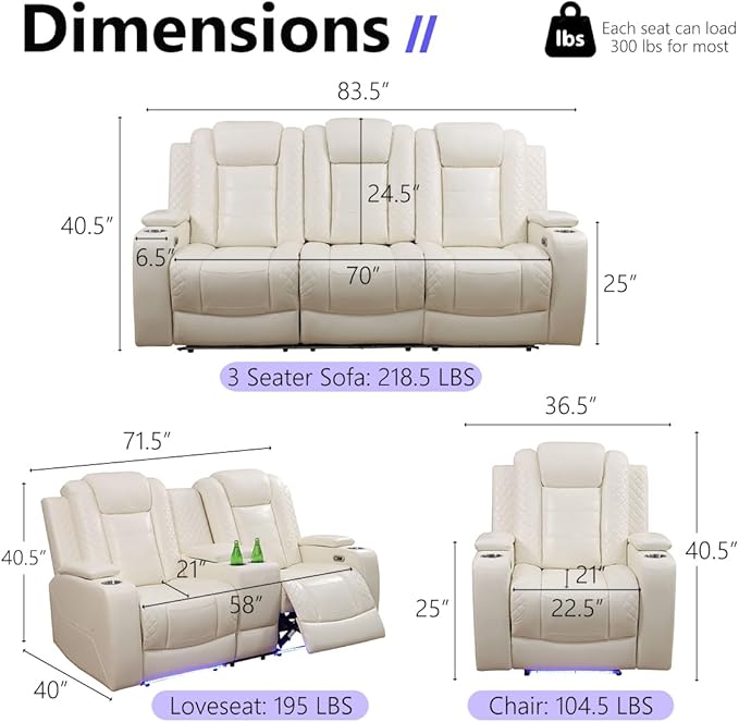Leather Power Recliner Sofa Set with LED, Living Room Furniture Sets, 2 PCS Reclining Couches, Recliner Sofa and Chair Set with Arm Storage/Cup Holders/Charging Ports for Home Theater (Cream)