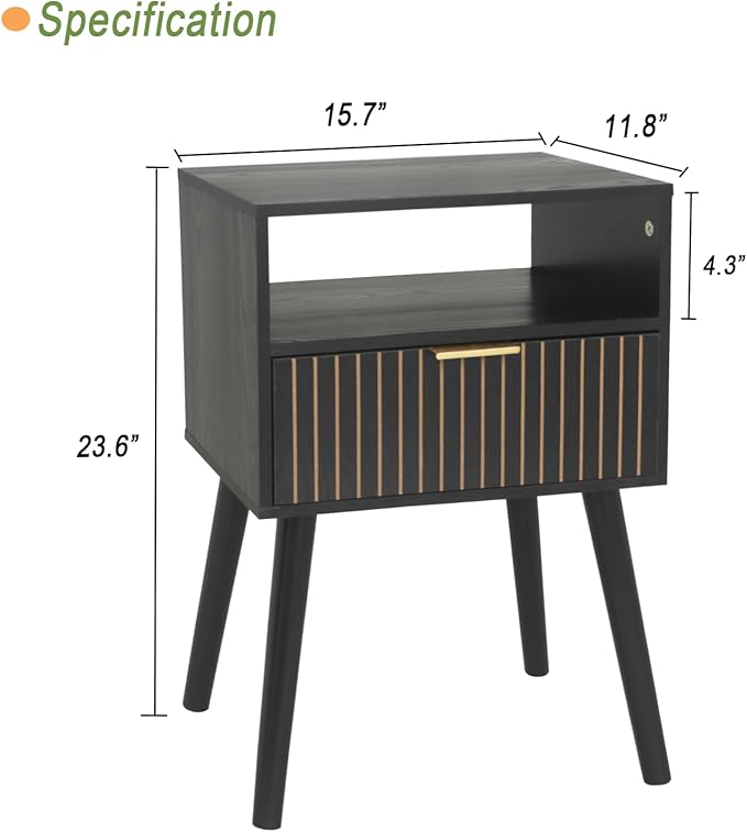 MaxSmeo Black Nightstand with Drawer, Mid Century Modern Bedside Table with Open Shelf Storage, End Table with Solid Wood Legs, Black