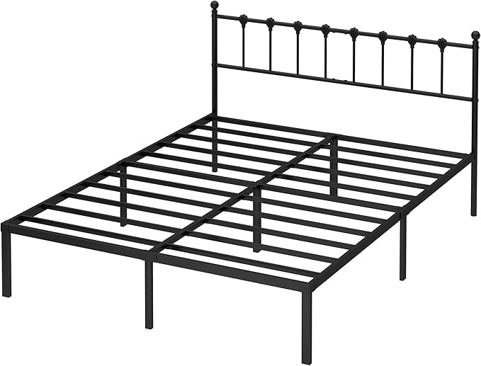 King Size Bed Frame with Modern Headboard, Metal Platform Bed Base with Strong Support, No Box Spring Needed, Easy Assembly, Noise Free，Black