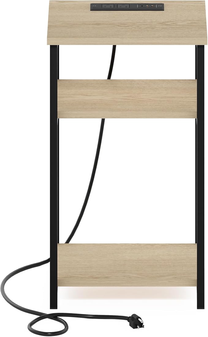 Furinno Moretti Side Table, 3-Tier Modern End Table with Charging Station, Metal Frame Night Stand, Bedside Table with USB and Type-C Charging Port, for Living Room, Bedroom, Bauhaus Oak