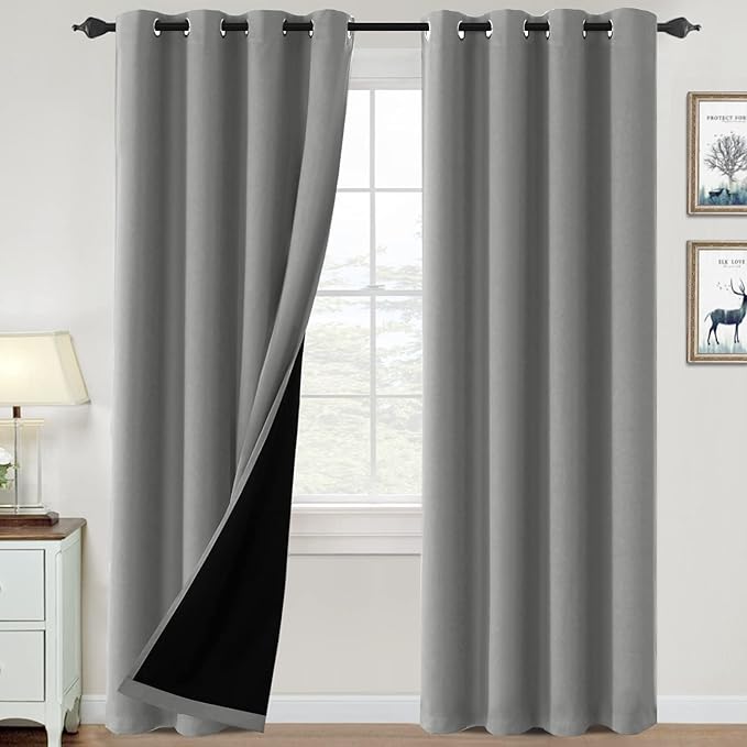 H.VERSAILTEX 100% Blackout Curtains for Bedroom Thermal Insulated Blackout Curtains 84 inch Length Heat and Full Light Blocking Curtains for Living Room with Black Liner 2 Panels Set, Dove Gray