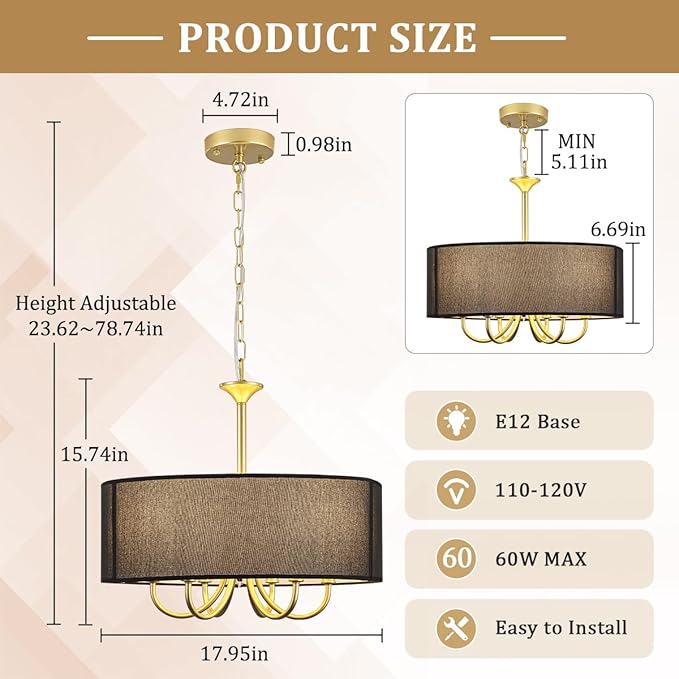 6-Light Gold Drum Chandelier, 18'' Farmhouse Dining Room Light Fixture Black Linen Drum Chandelier, Brass Round Chandelier Hanging Pendant Light for Bedroom Living Room Kitchen Foyer