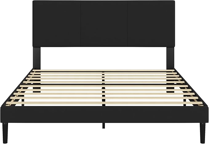 Queen Size Bed Frame with Upholstered Headboard, Sturdy Wood Slats, No Box Spring Required, Silent, Easy Assembly, Black
