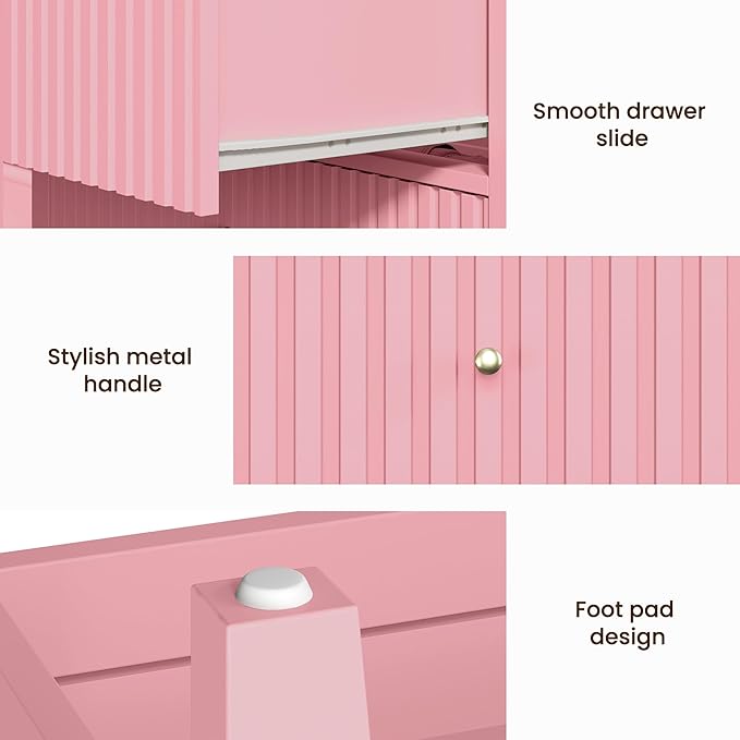 Large Pink 3 Drawer Dresser, Painted 30 Inch Tall Wood Nightstand with Storage, Wide Modern Chest of Drawers with Ball Bearing Slide for Bedroom Hallway Living Room Entryway Office