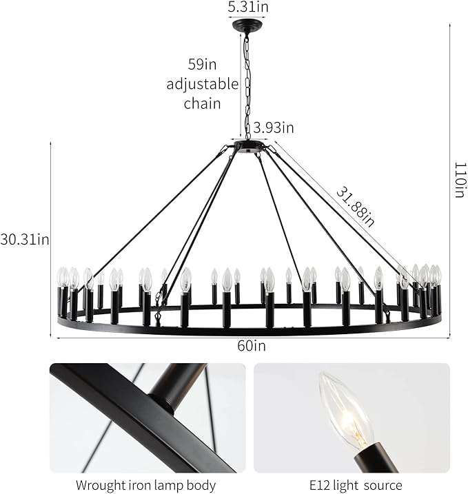 Wagon Wheel Chandelier 36-Light 60-Inch, Farmhouse Industrial Style Chandelier Rustic Candle Pendant Lighting Extra Large for High Ceilings, Living Room Foyer -WOGON WEEL