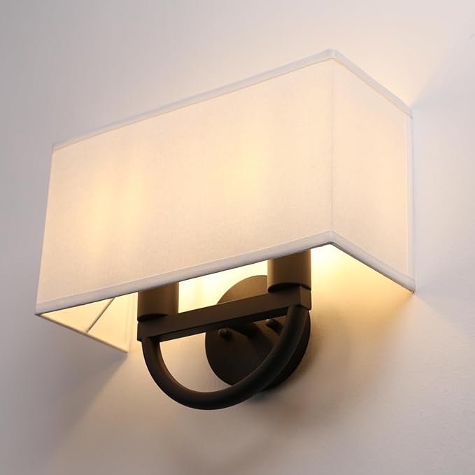 Industrial 2-Lights Wall Sconce Fixtures with White Textile Shade, Vintage Double Head Wall Light Lamps Decor for Hallway Bedroom Living Room Bathroom Corridor