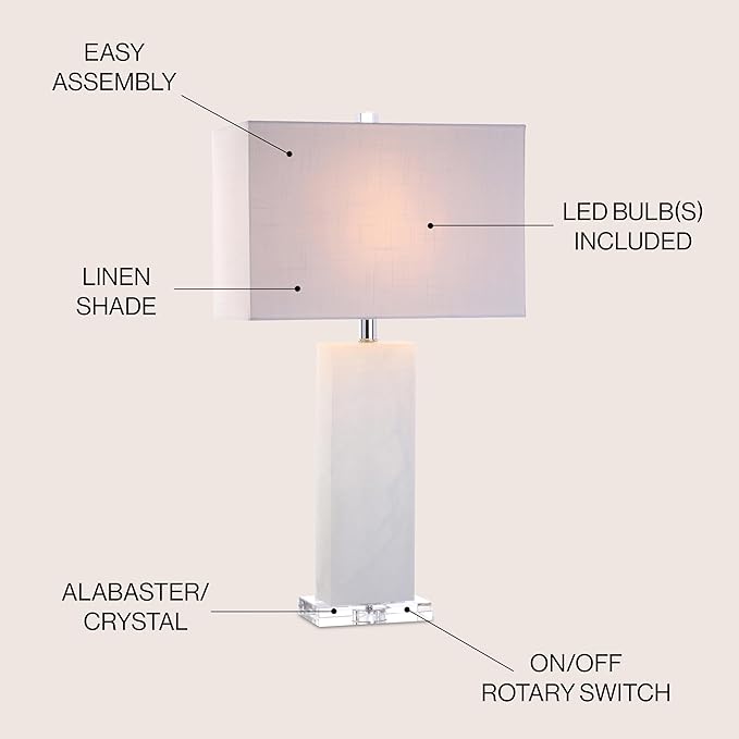JONATHAN Y 27" White Alabaster and Crystal LED Table Lamp, Modern Glam Nightstand Lamp for Living Room Bedroom, White Linen Rectangle Shade, LED Bulb Included JYL2009A
