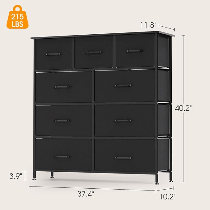 FDW 9-Drawer Fabric Dresser,Sturdy Storage Tower Dresser for Bedroom with Metal Frame,Clothes Organizer Easy-Pull Fabric Bins for Bedroom,Closet,Black