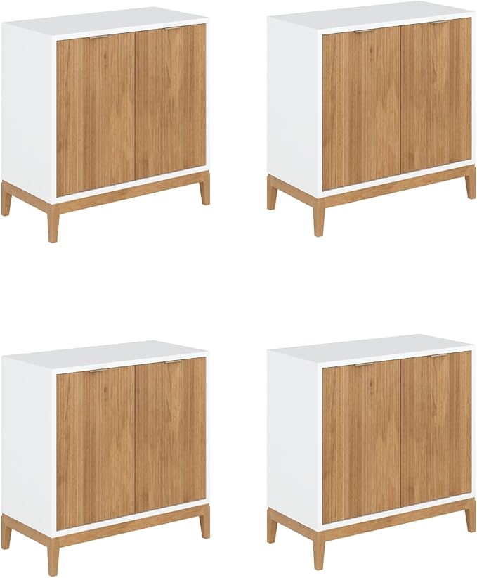 Nathan James Jasper Modern Sideboard, TV Stand with Fluted Doors, Accent Storage for Kitchen or Living Room, White/Warm Pine, Set of 4