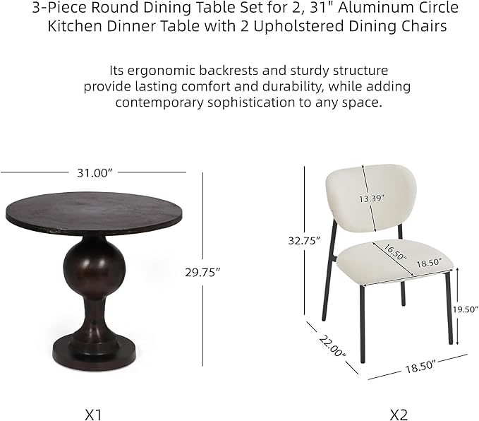 Merax 3-Piece Round Dining Table Set for 2, 31" Aluminum Circle Kitchen Dinner Table with 2 Upholstered Dining Chairs, Metal Legs, for Living Room Apartment Cafe Small Place, Beige+Black