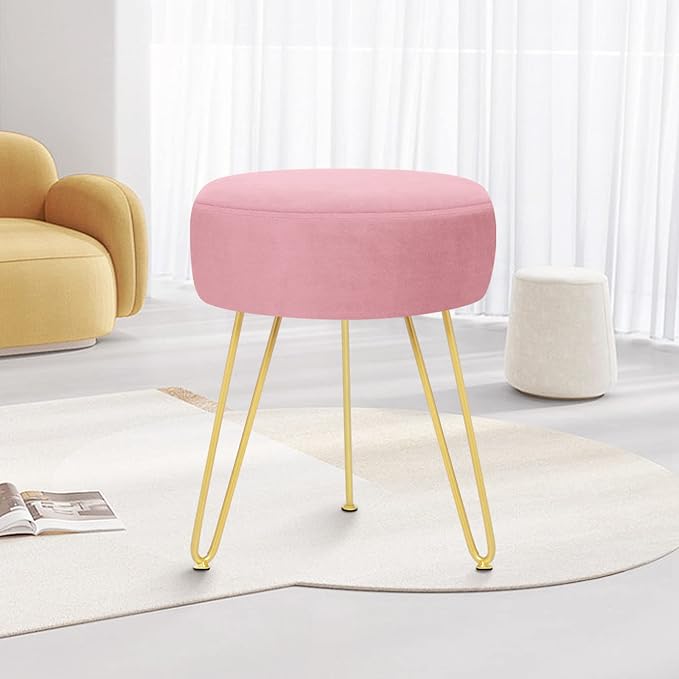 Velvet Soft Modern Vanity Stool -Round Footrest Stool Ottoman Side Table Seat Dressing with Golden Metal Leg and Sponge Filling,Upholstered Foot Rest, for Living Room and Bedroom Pink
