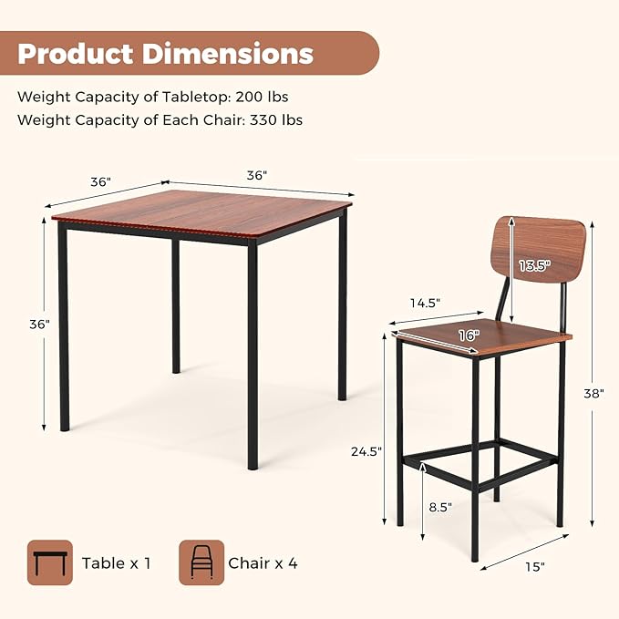 GOFLAME 5-Piece Dining Table Set for Small Space, Kitchen Table and Chairs Set for 4 with Steel Frame, Square Breakfast Table Set, Industrial Counter Height Table Set for Home Restaurant, Walnut